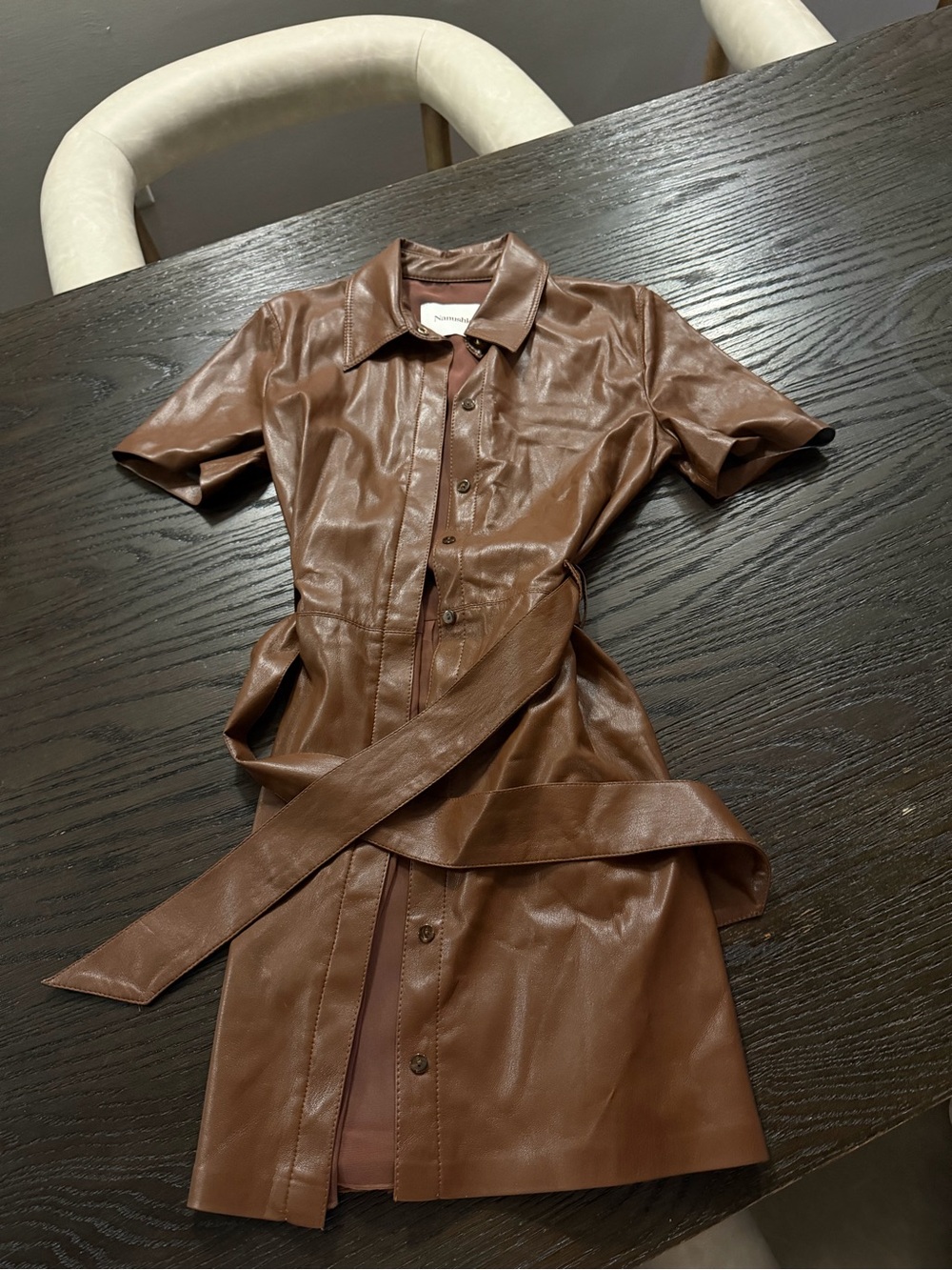 Namushka Brown Leather Belted Button Front Mini Dress XS